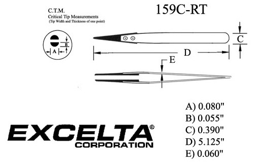 Excelta 159C-RT Straight Soft Replaceable .080in. Tip 5in. Carbofib Tweezer specs